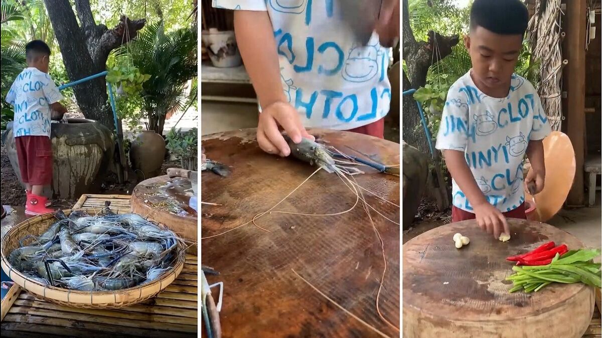 (ویدئو) آشپزی در طبیعت توسط پسر بچه روی تخته سنگ / فقط مهارت روغنی کردن سنگ دیدنیه، عجب استعدادی!!